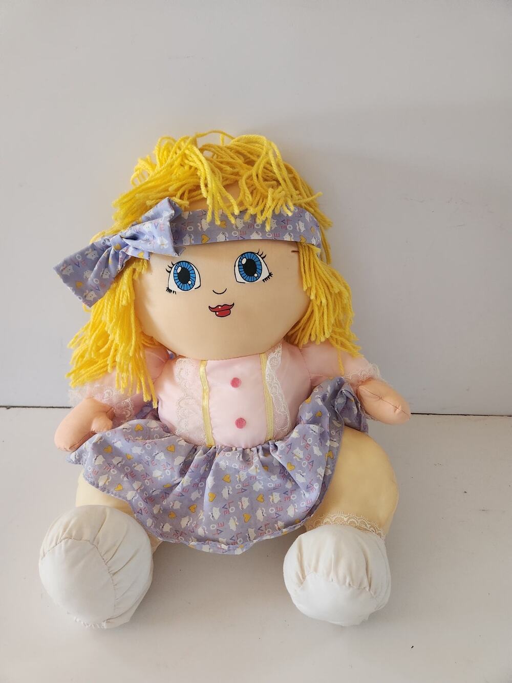 Vtg Happiness Aid / WELL MADE 1985 Plush Doll w/ Purple Dress Pink Doll 16"
